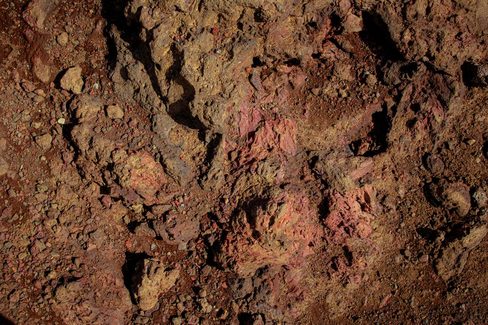 Close-up texture of reddish brown soil or clay with rough, uneven surface and natural cracks and crevices.