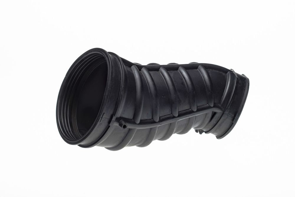 Black ribbed rubber air intake duct or intake boot for automotive application.