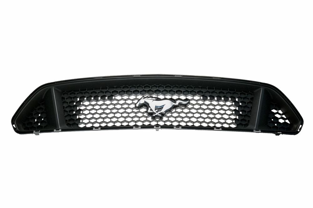 Black honeycomb front grille with chrome Mustang pony emblem designed for Ford Mustang vehicles.