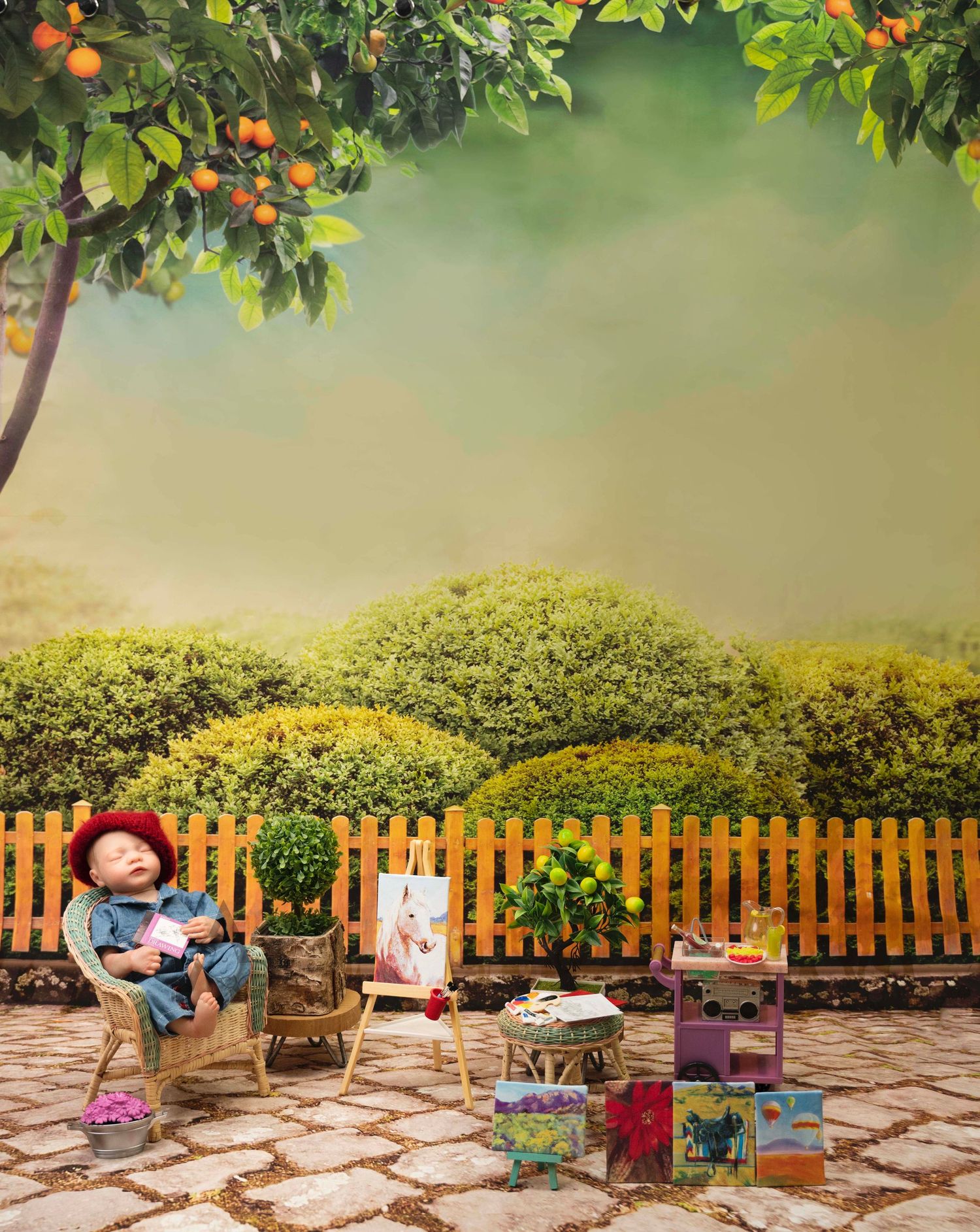 Artistic garden scene with orange trees, wooden fence, and painting supplies on stone patio.