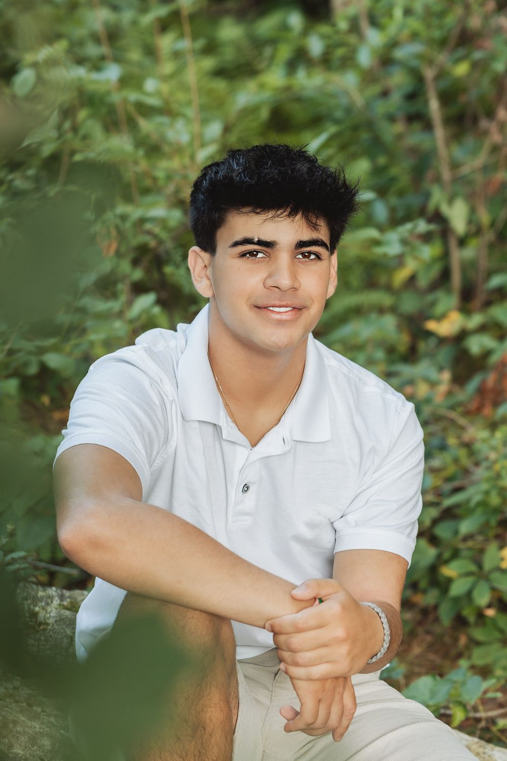 A series of casual portrait shots against a green foliage background in a natural outdoor setting.