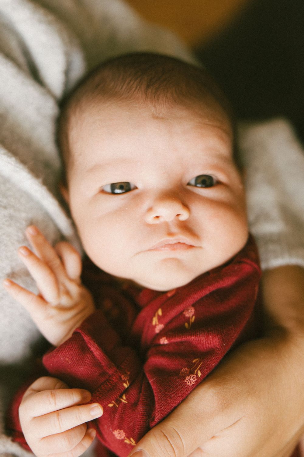 A baby wrapped in a red floral blanket peeks out while lying on white bedding.