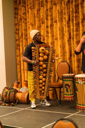 Musician performs with traditional African percussion instruments including a large wooden xylophone against golden curtains.