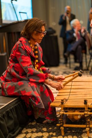 A musician in red patterned dress plays wooden marimba on stage during a performance.