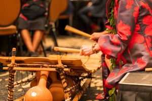 Close-up of wooden percussion instruments arranged on stage during a performance.