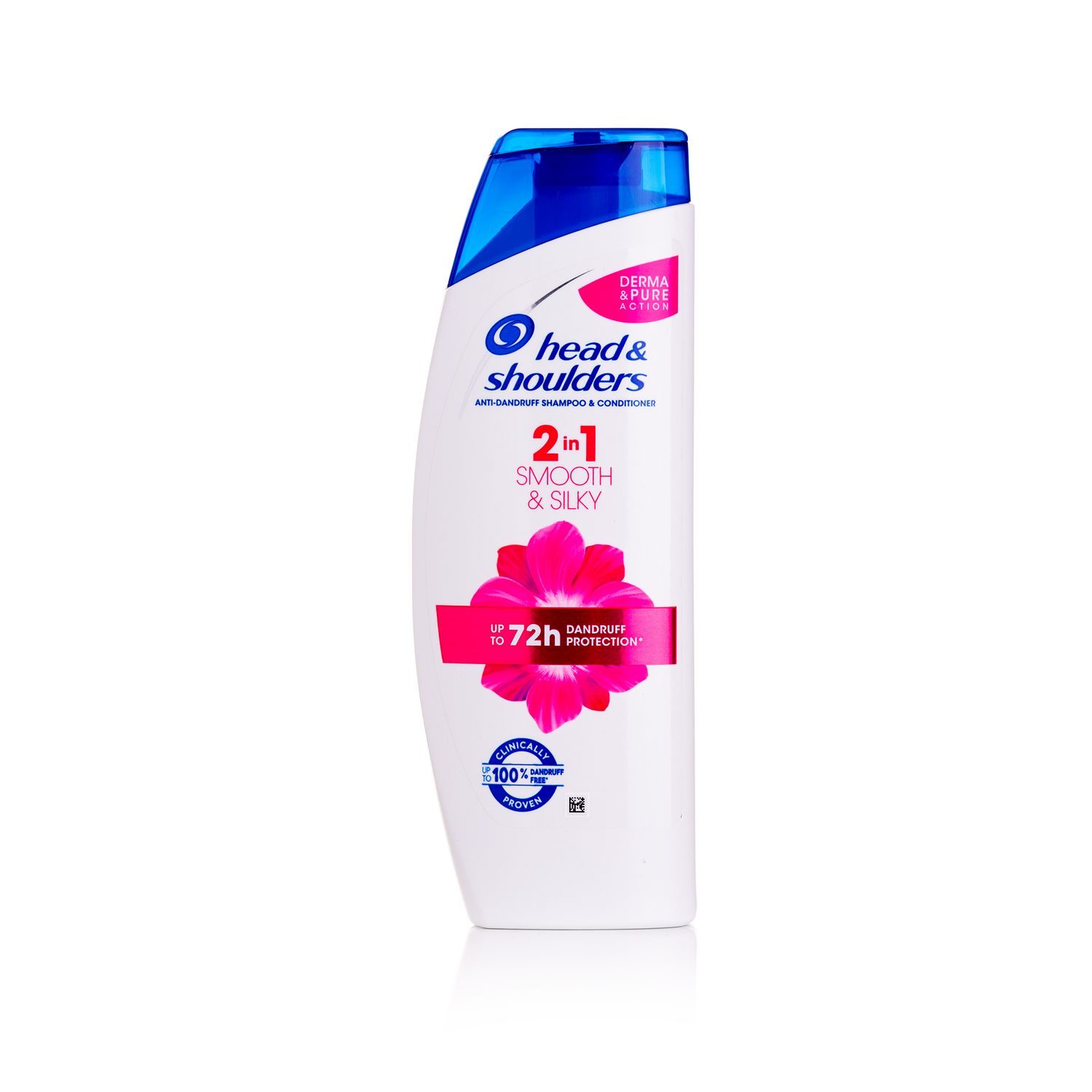 A bottle of Head and Shoulders 2-in-1 anti-dandruff shampoo with blue and pink accents on white background.