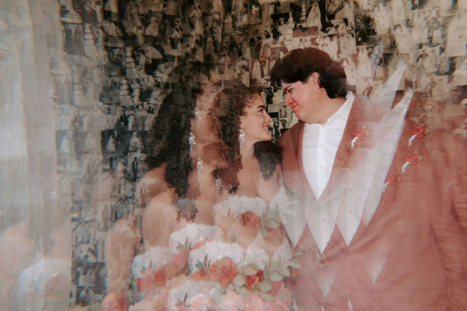 Dreamy double exposure wedding portrait with textural overlay effect in pink and white tones.