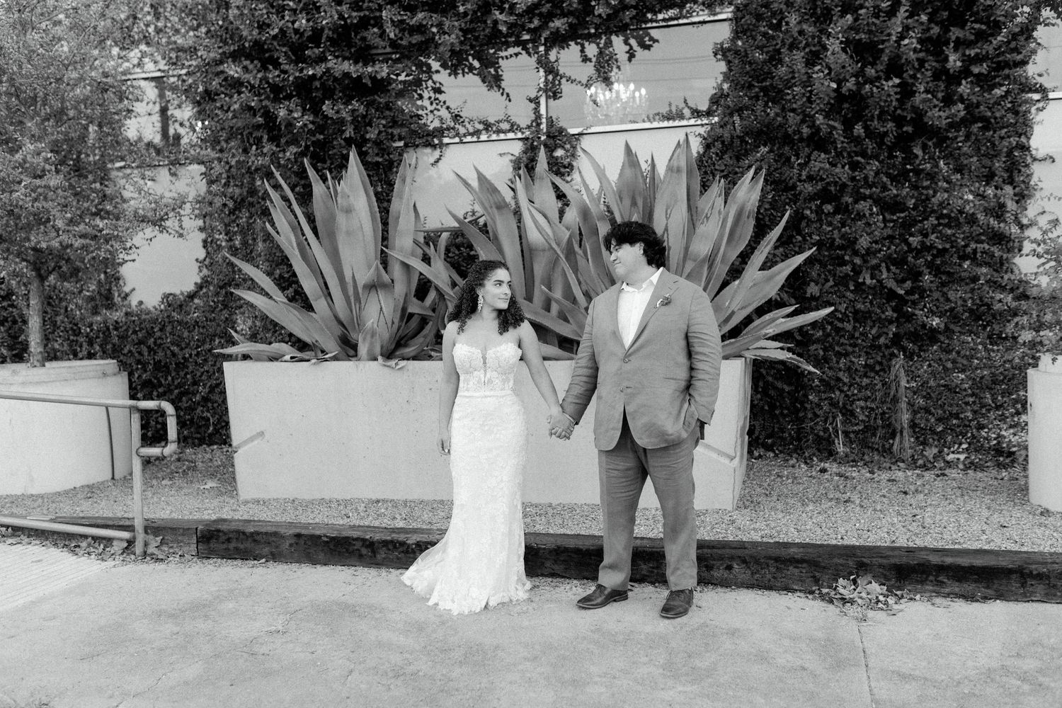 A couple poses in wedding attire against a backdrop of large agave plants.