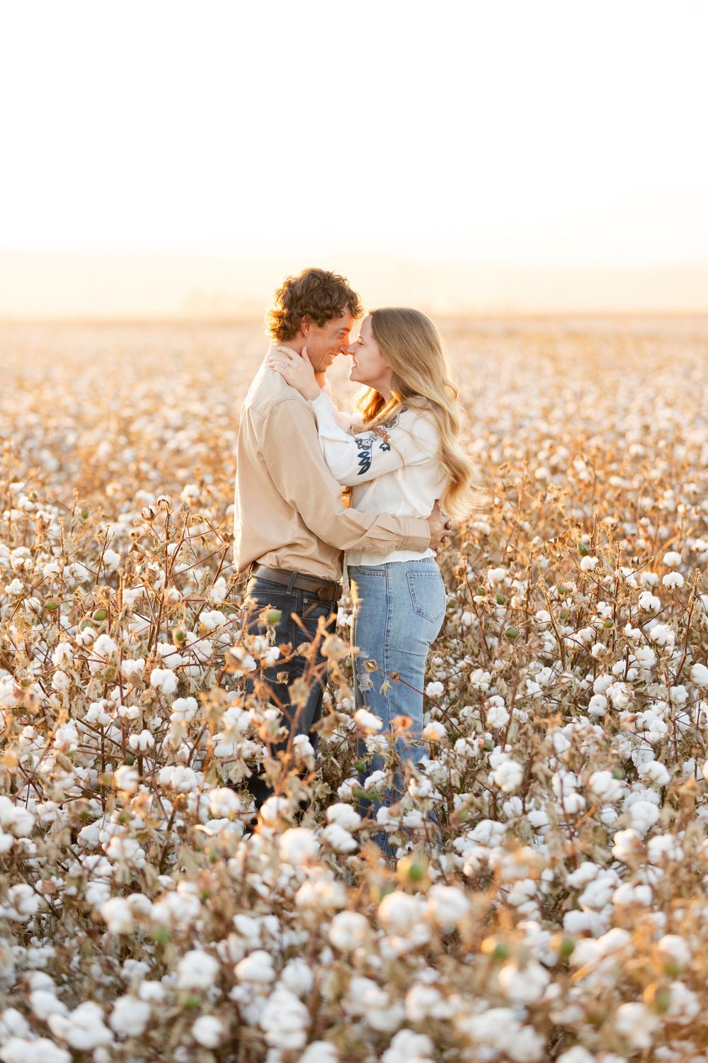 A tender moment between a couple standing among fluffy white cotton plants at sunset.