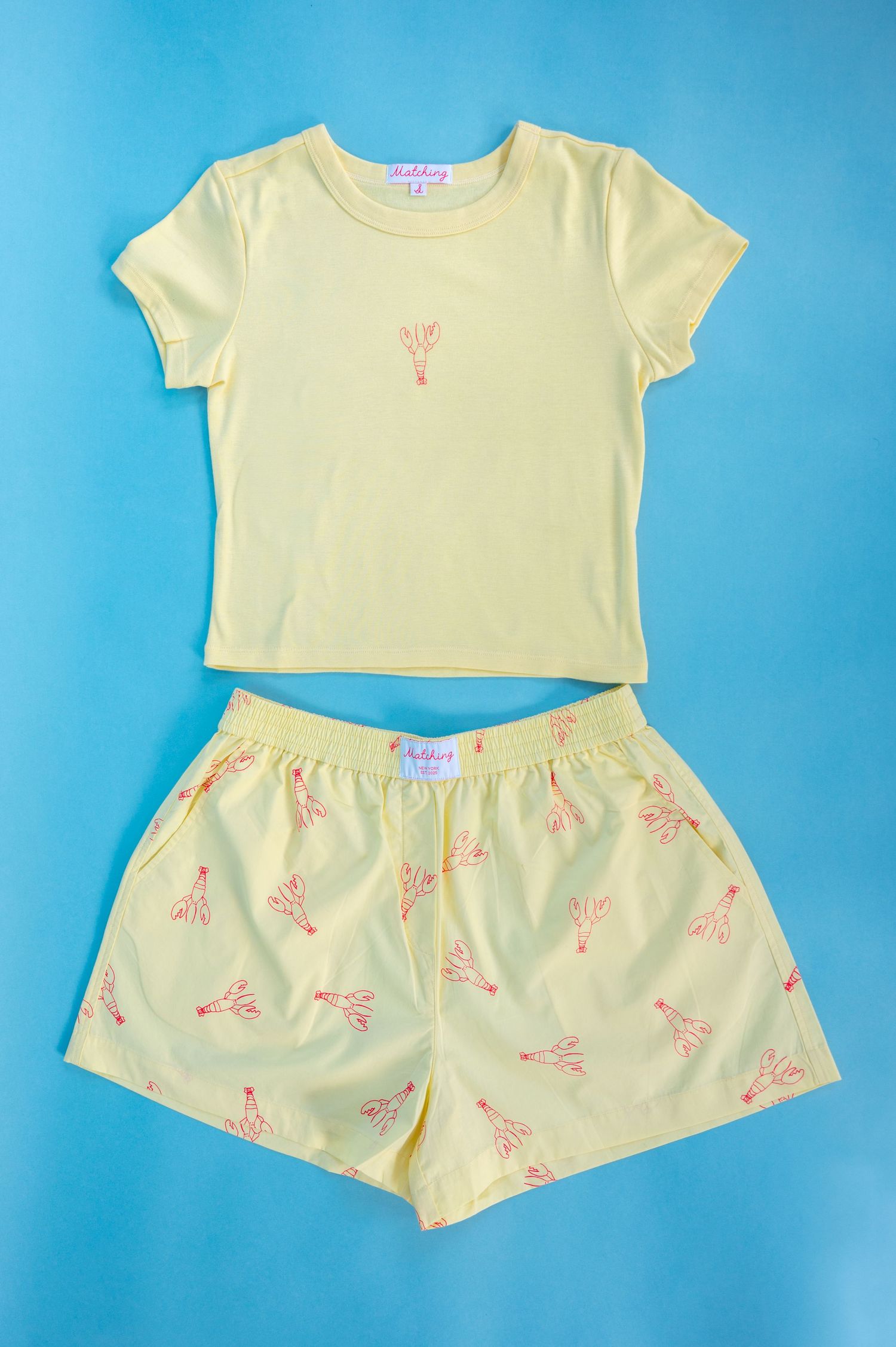 Light yellow pajama set with flamingo print shorts and matching t-shirt laid flat on blue background.