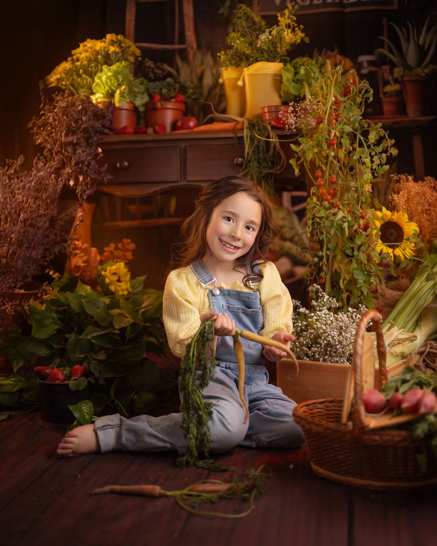 Rustic garden setting with sunflowers and various potted plants on wooden shelves.