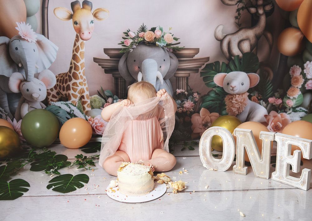 Collage of cake smash photo session setup with tropical decor, balloons, and 'ONE' lettering for first birthday celebration.