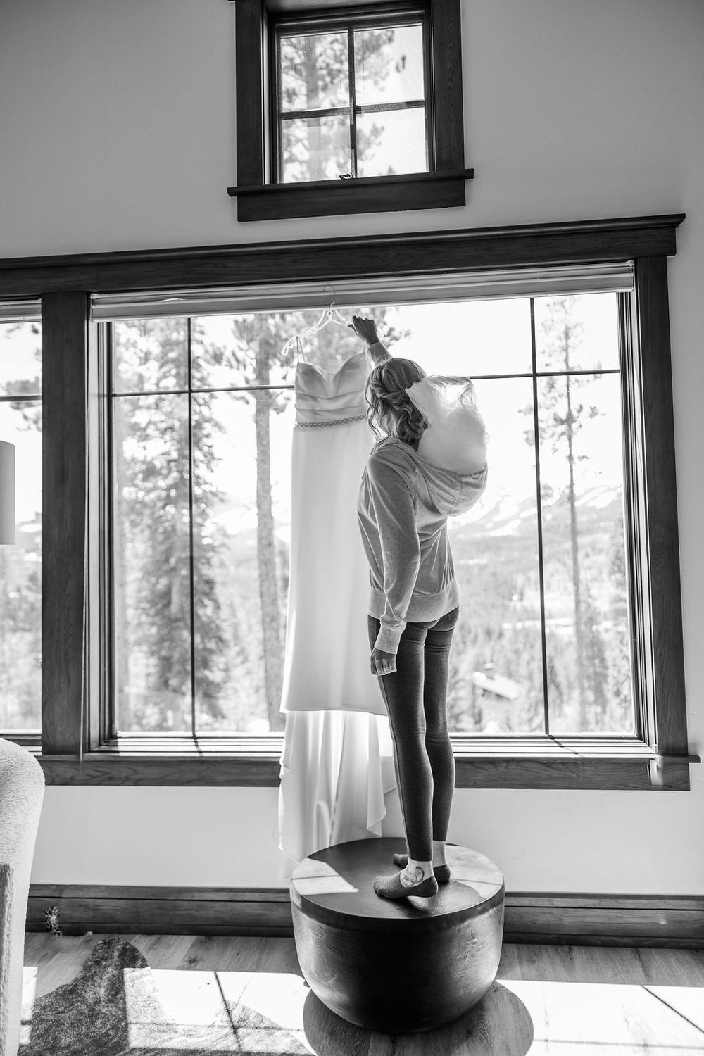 Bride preparing for ceremony at Airbnb in Breckenridge, Colorado