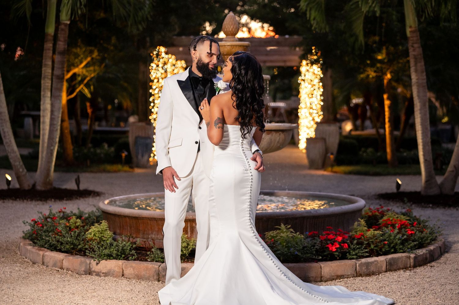 Wedding party portraits under palm trees, styled by South Florida wedding photographers in Royal Palm Beach.