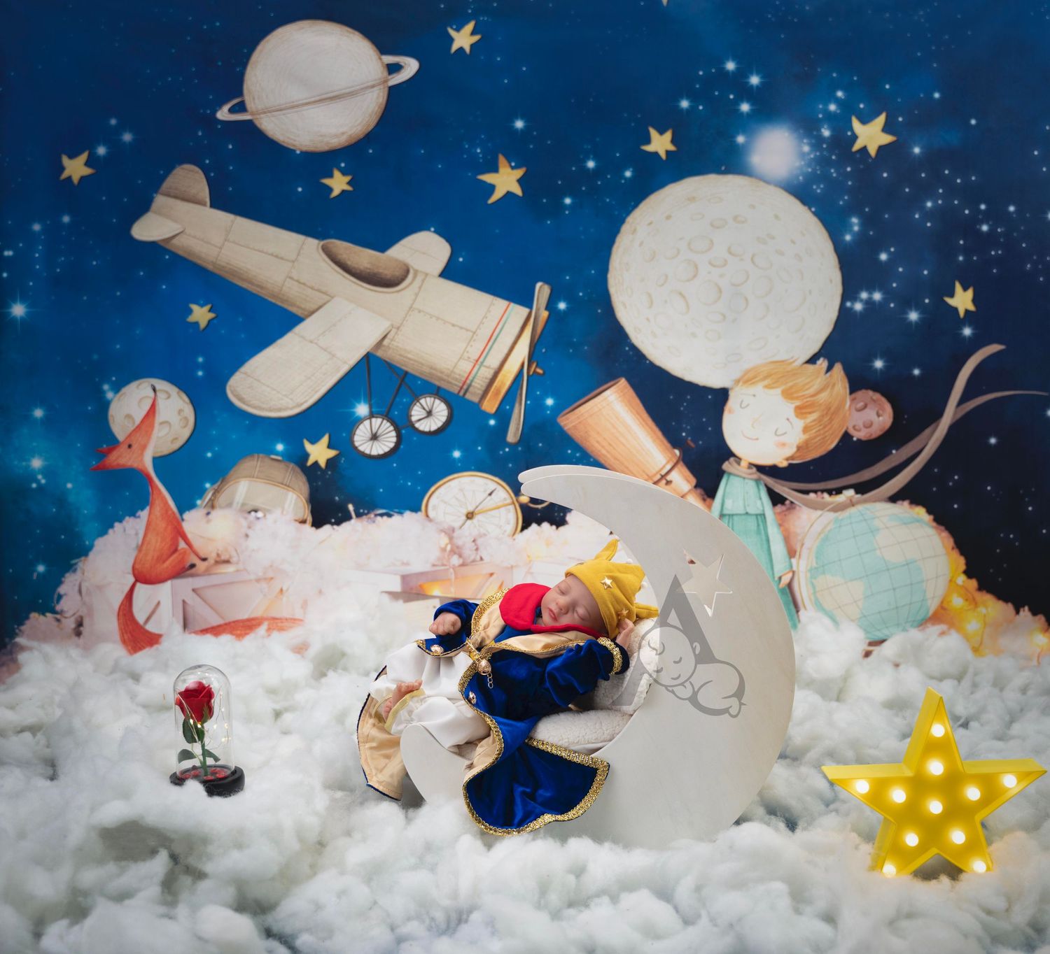 Whimsical night sky scene with toy airplane, planets, and stars in cotton cloud setting.