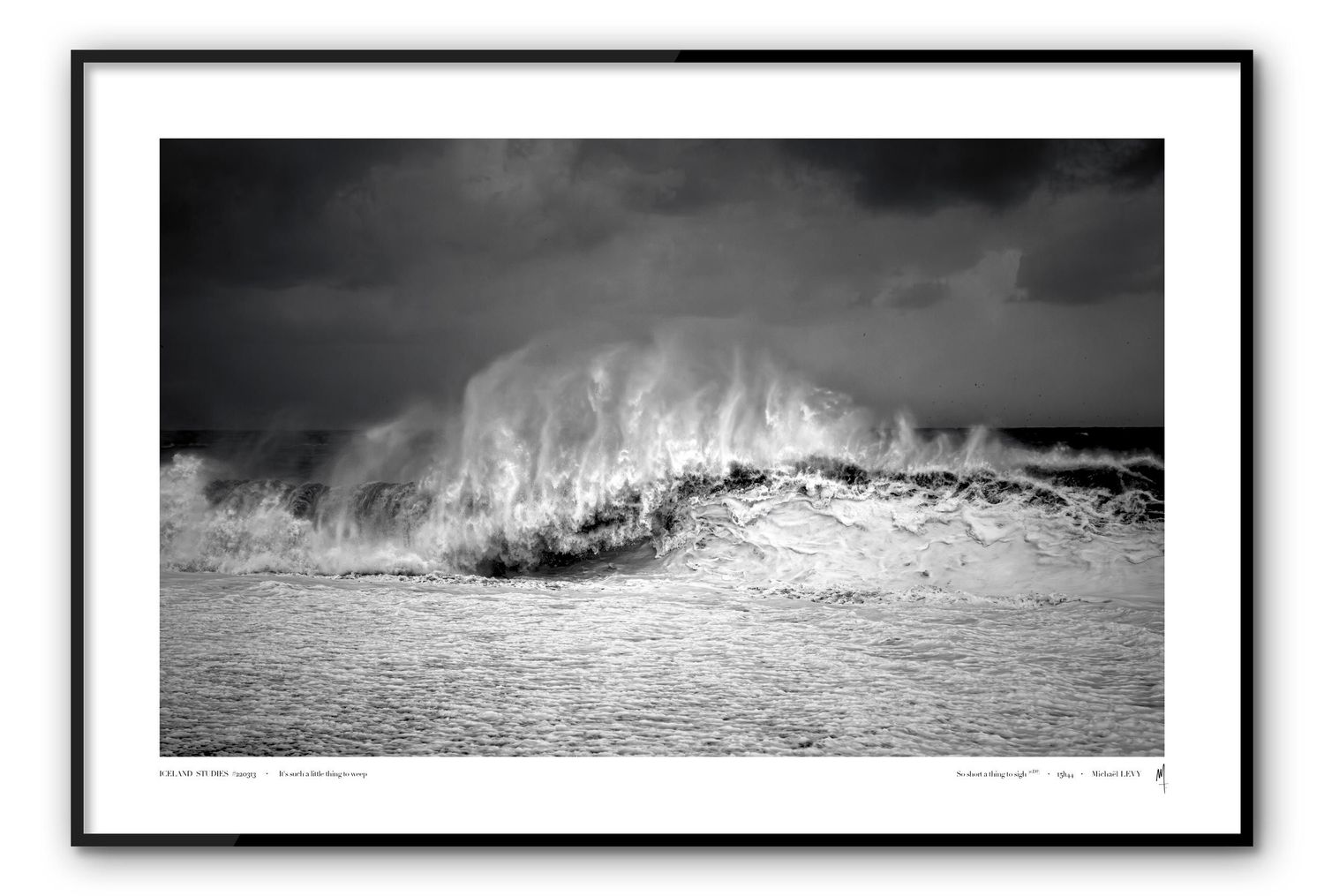 A dramatic black and white photograph captures a massive ocean wave crashing and creating a powerful spray against dark skies.