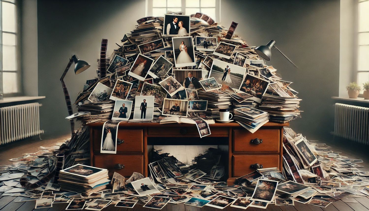 A massive pile of old photographs and frames overflowing on top of a wooden desk in an empty room.
