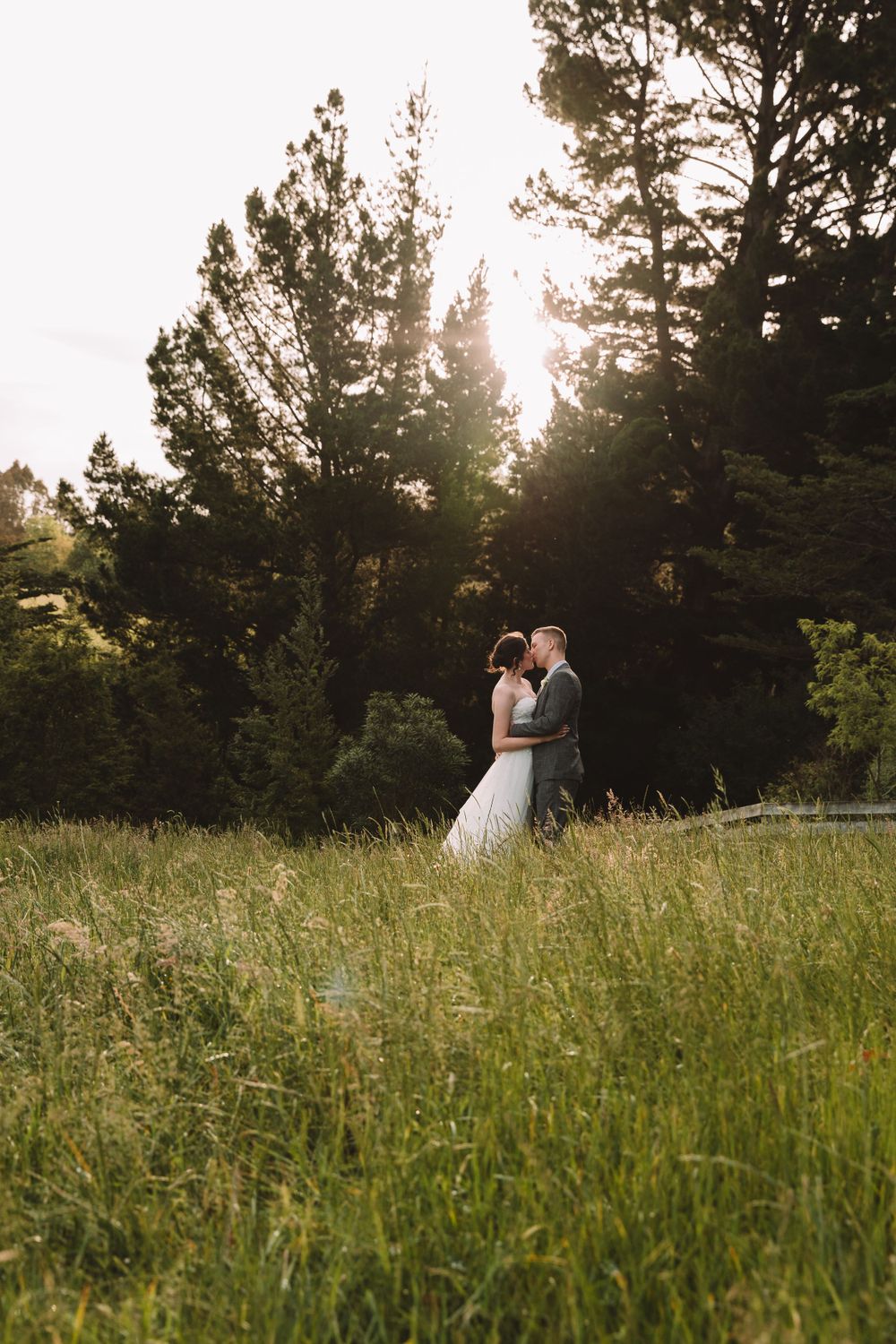 Intimate wedding portrait in a sun-drenched meadow with forest backdrop.