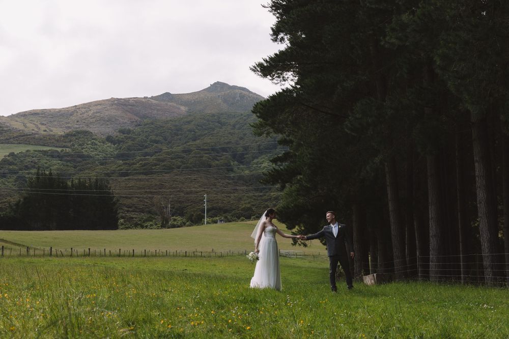 Newlyweds pose in a scenic mountain field bordered by tall evergreen trees.