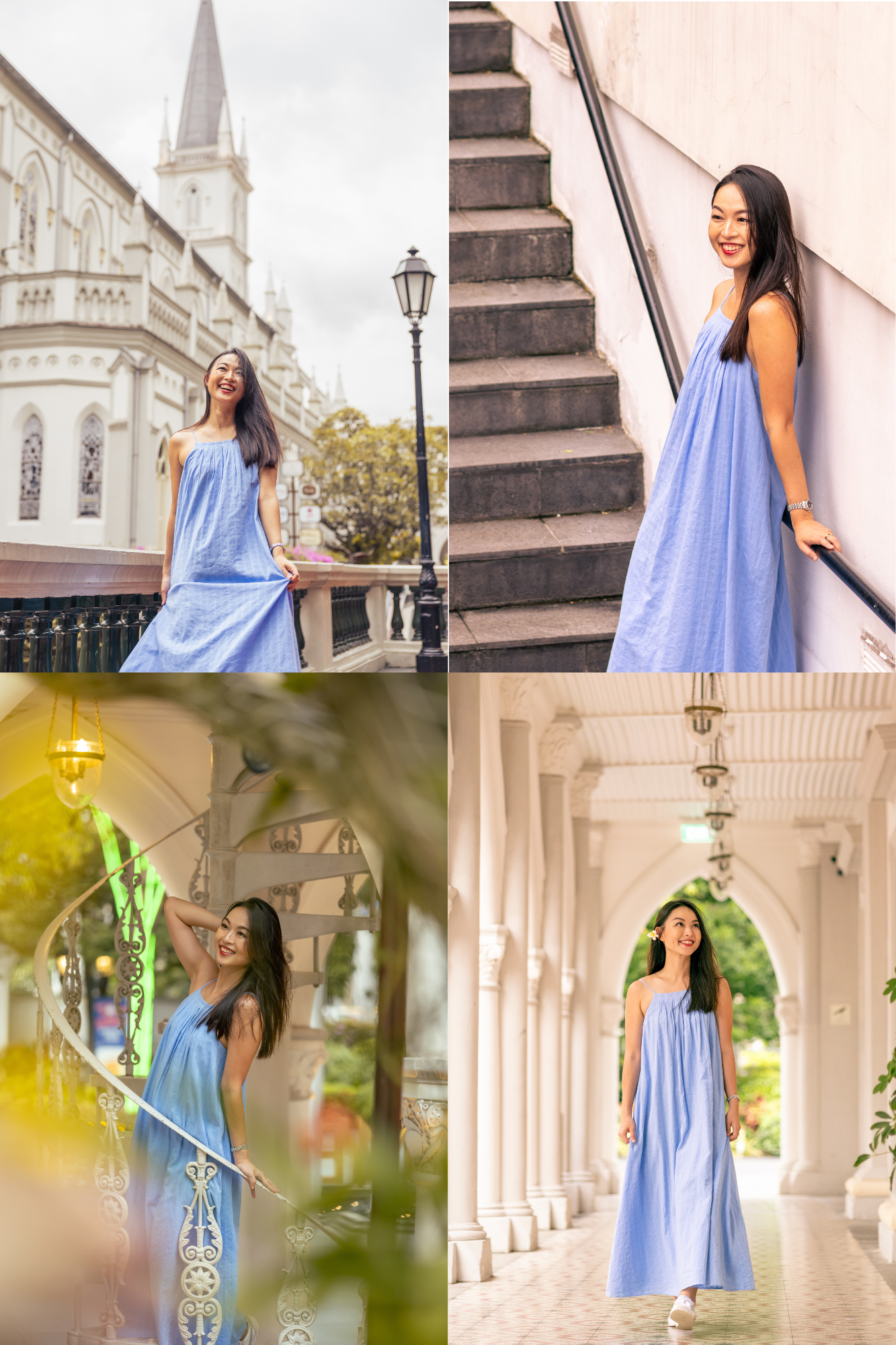 A woman in a flowing light blue maxi dress poses against elegant architectural backdrops in a four-part photo series.