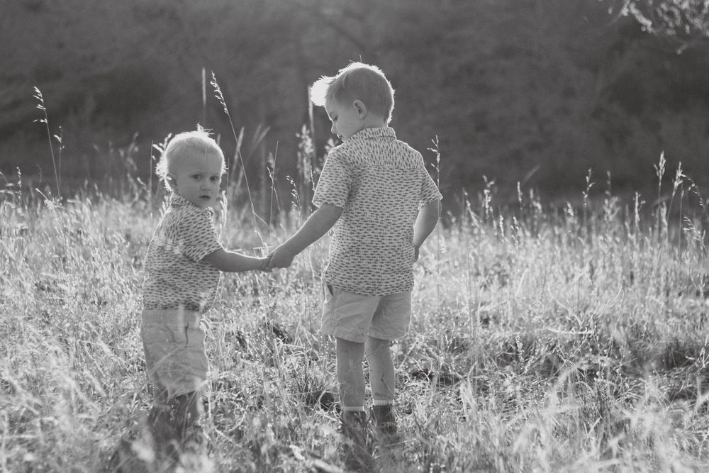 Two small brothers hold hands while standing together in a sunlit meadow of tall grass in black and white. Colorado family photoshoot