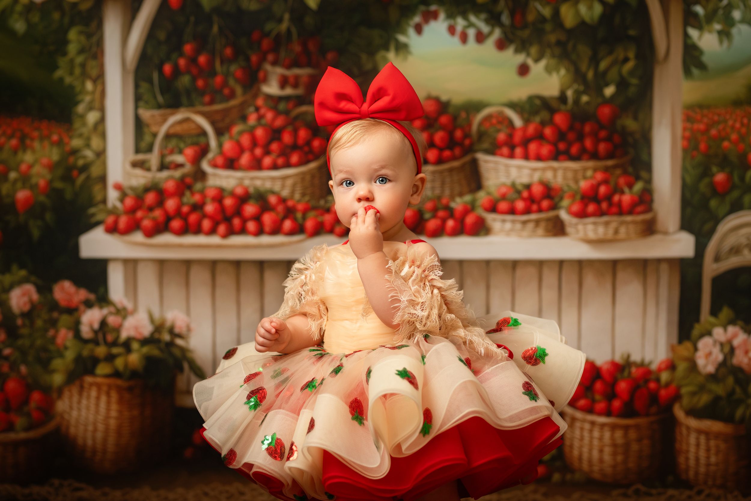 A baby in a strawberry-themed dress poses with baskets of fresh red strawberries against a rustic backdrop.