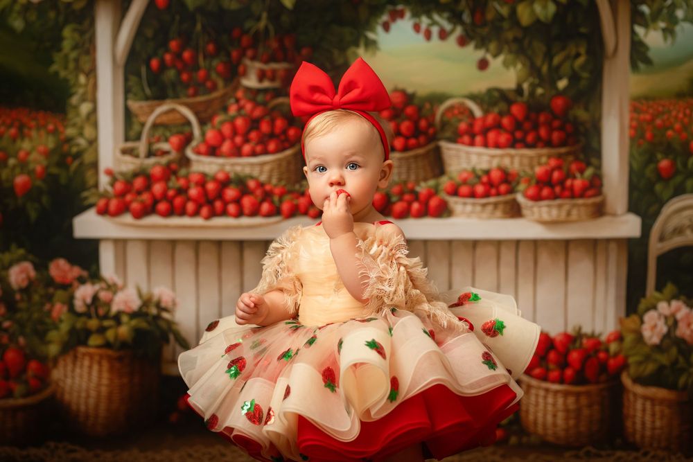 A baby in a strawberry-themed dress poses with baskets of fresh red strawberries against a rustic backdrop.
