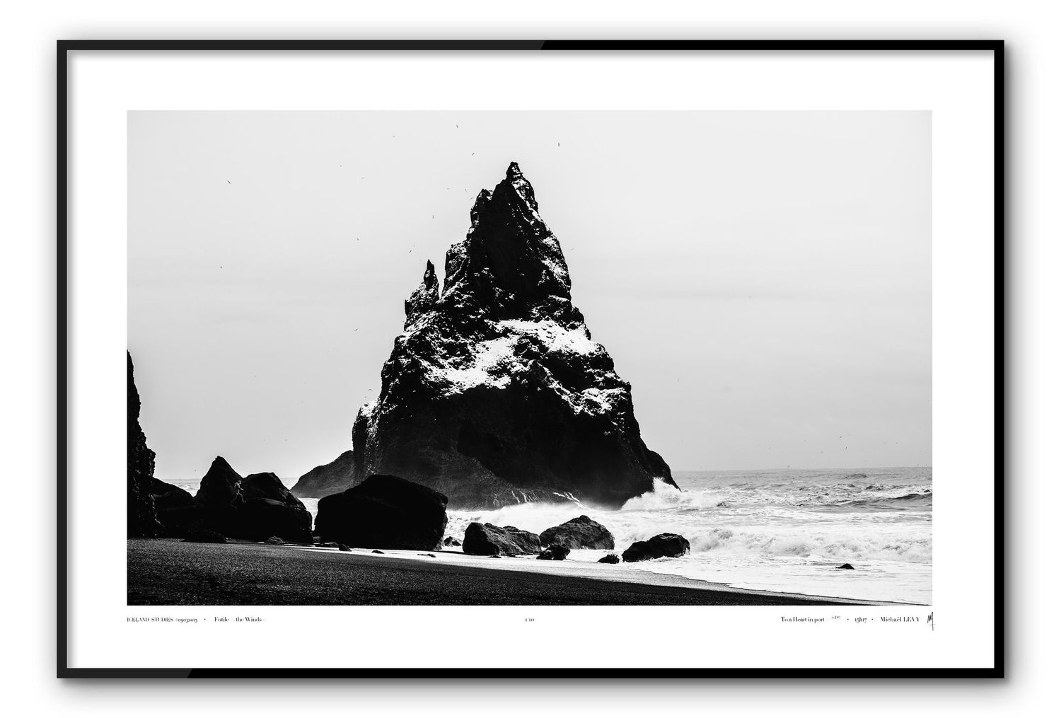 A series of minimalist black and white landscape photographs showing curved coastlines and ocean waves from an aerial view.