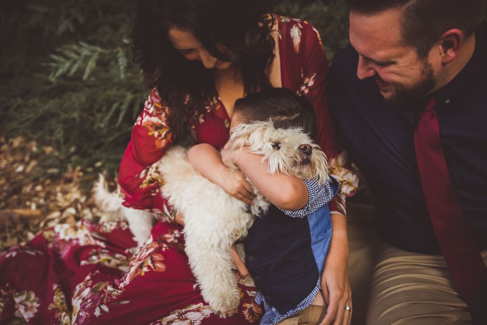 Small white dog and child share a tender moment while sitting together in autumn leaves.