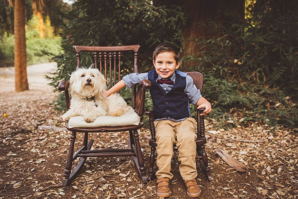 Playful outdoor autumn photoshoot scene with children, pets, pumpkins and natural fall elements in wooded setting.