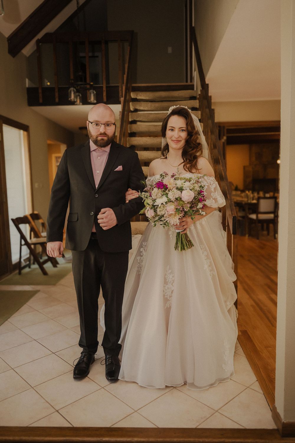 Three wedding photographs showing feet and lower portions of formal attire with hardwood and tile flooring.