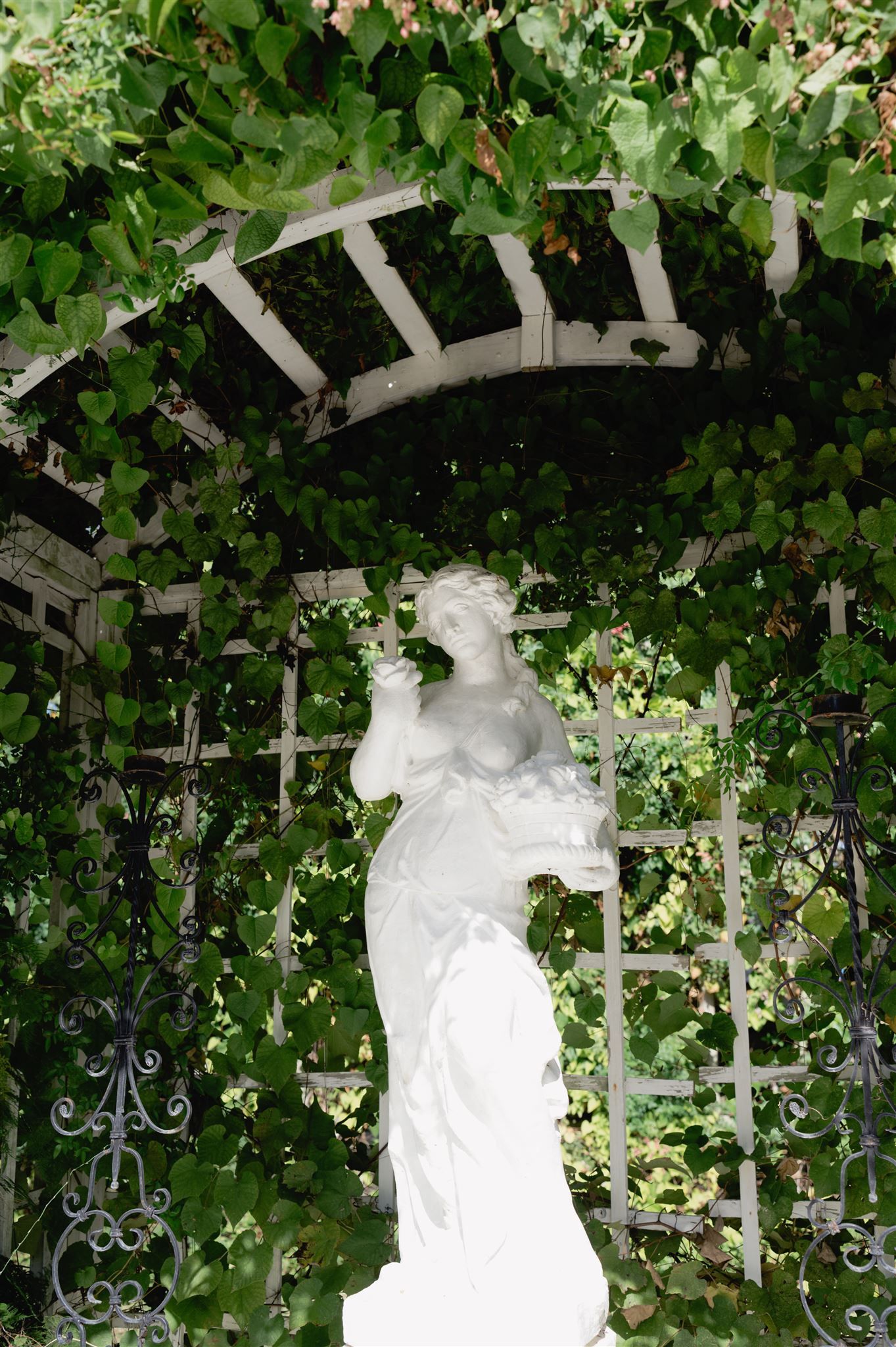 A white marble statue stands beneath an ornate garden arbor covered in lush green vines and delicate flowers.