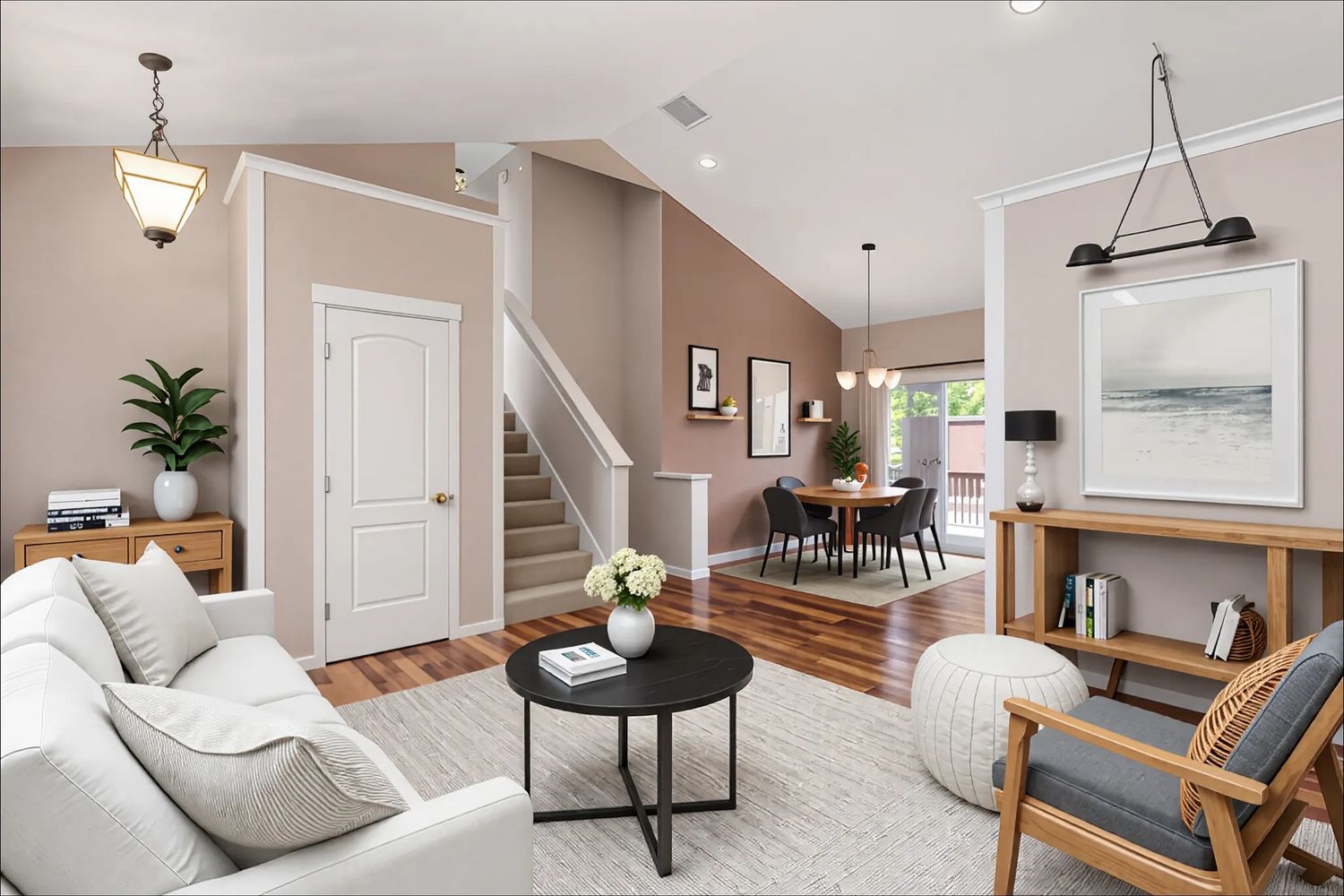 Virtually staged open-concept living and dining area with modern furnishings, neutral tones, wood floors, and natural light.