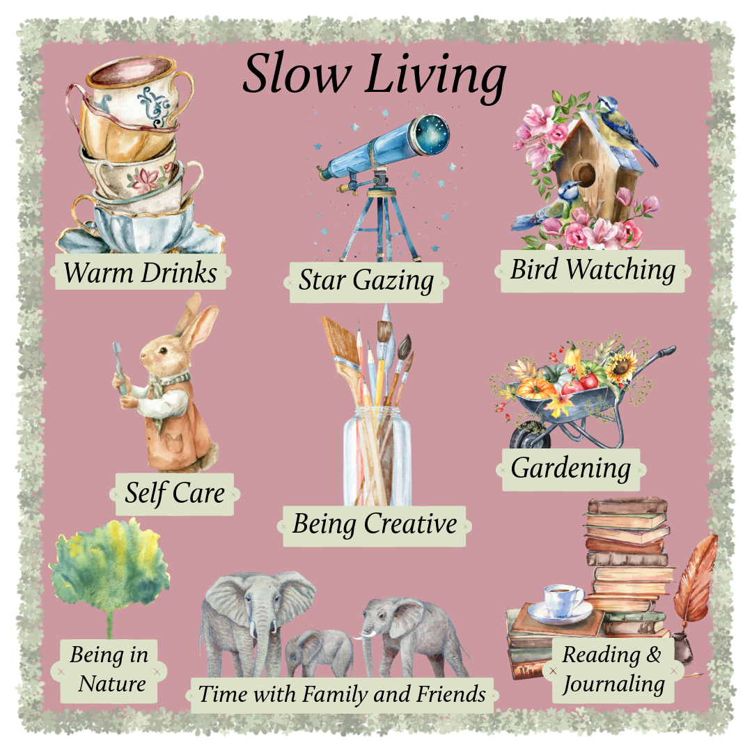 Gentle mint green infographic showing elements of slow living lifestyle including meditation, nutrition, nature and self-care icons.