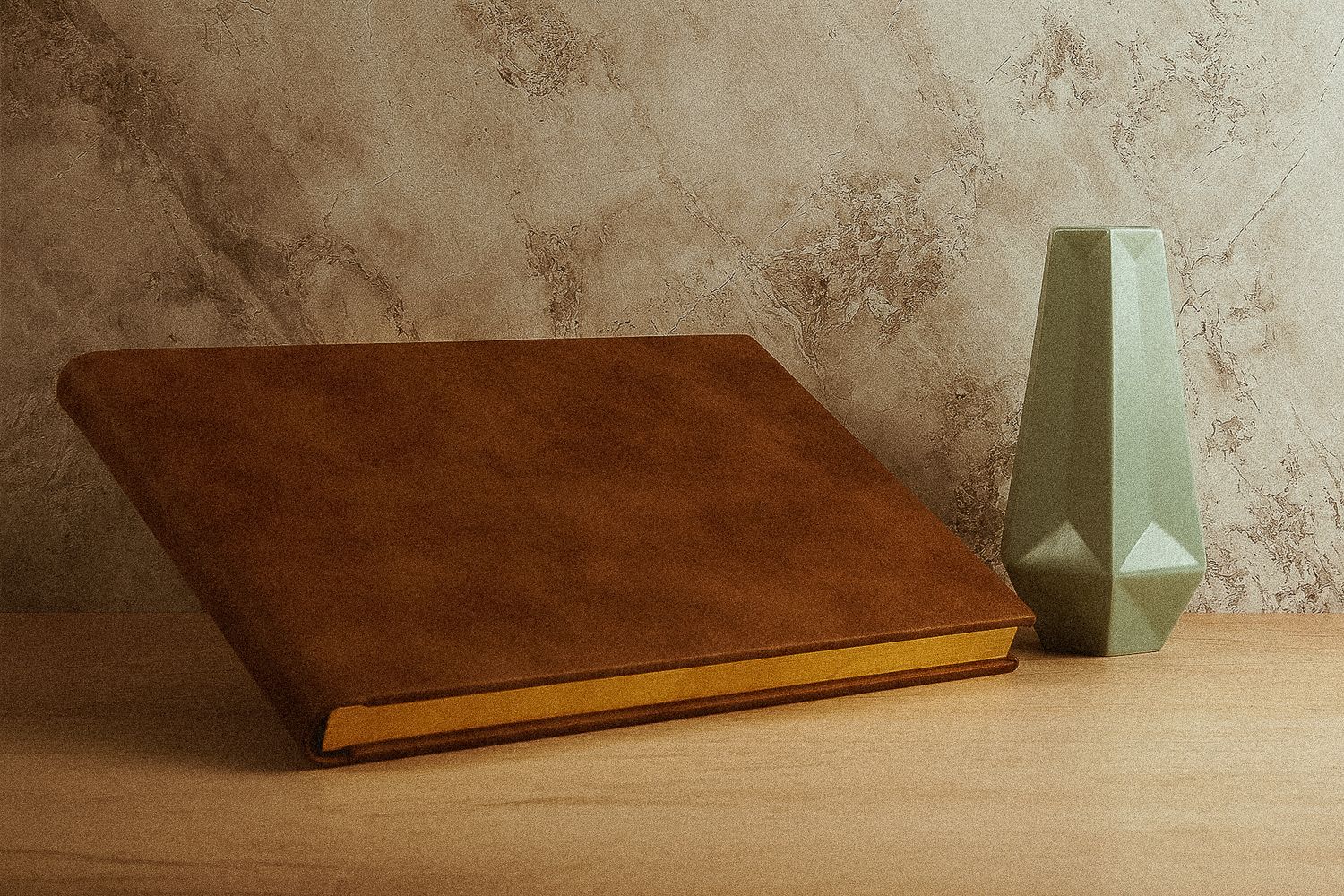 A brown wooden slanted writing board sits on a table next to a mint green geometric vase against a textured brown wall.