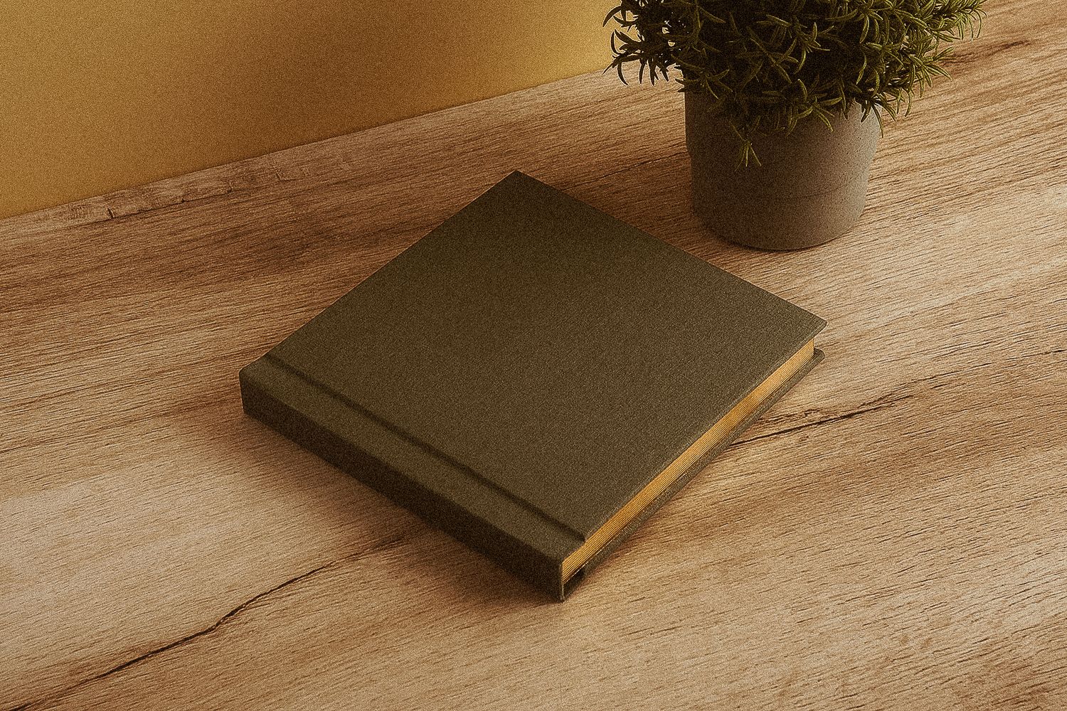 A gray hardcover book lies on a wooden surface next to a small potted plant.