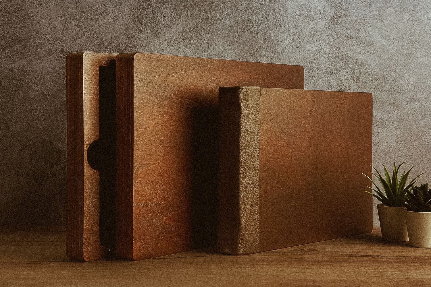 Several wooden blocks or panels arranged in a minimalist composition against a textured wall with a small potted plant.