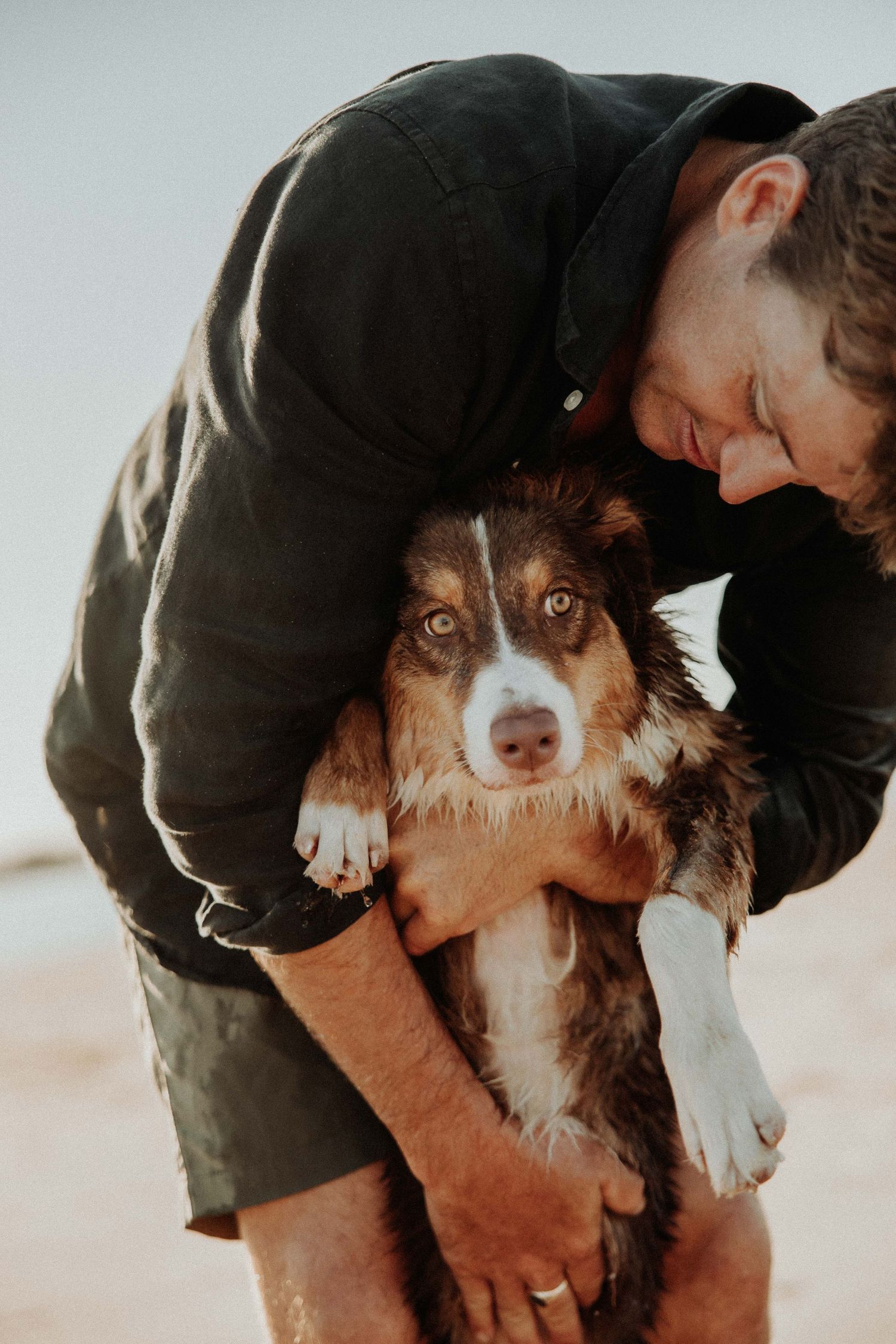 A person in black jacket hugging and holding a brown and white Australian Shepherd dog in a tender moment.