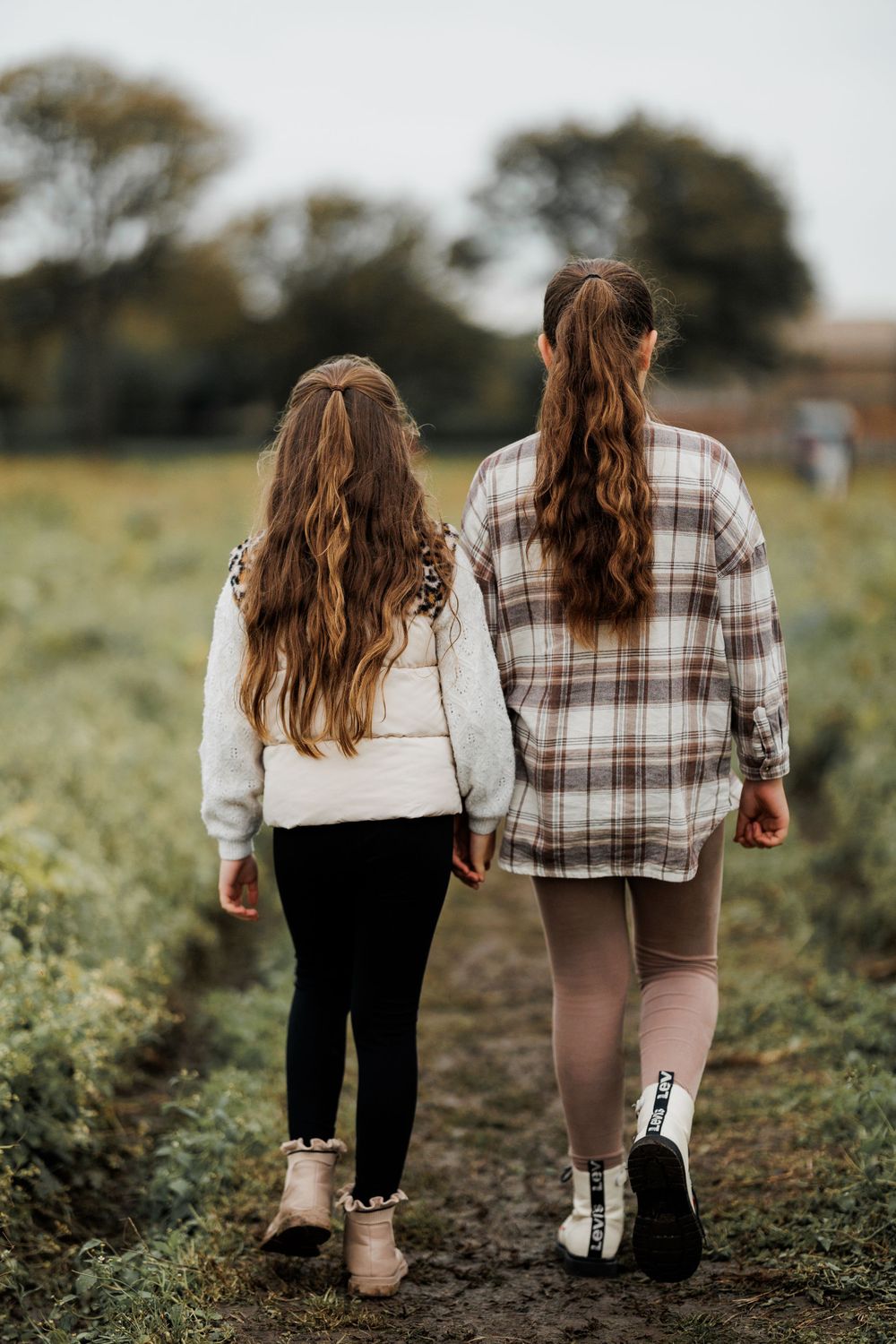 Two people in plaid and sweaters walking down garden path from behind.