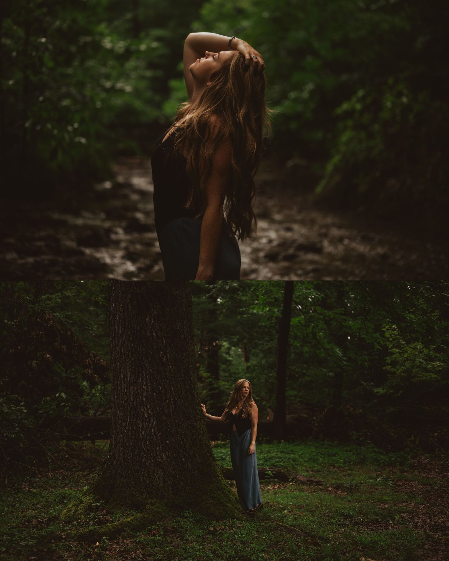A series of moody forest photos showing someone in casual clothing posing against trees in dim natural lighting.