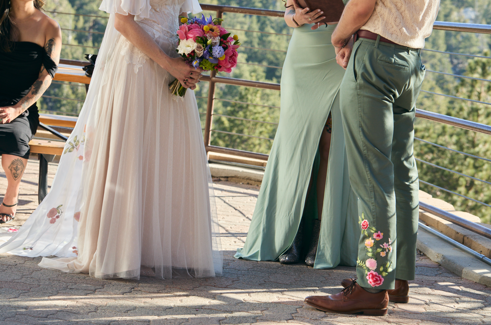 Wedding couple and their party share an intimate moment on a sunlit deck with evergreen forest views.