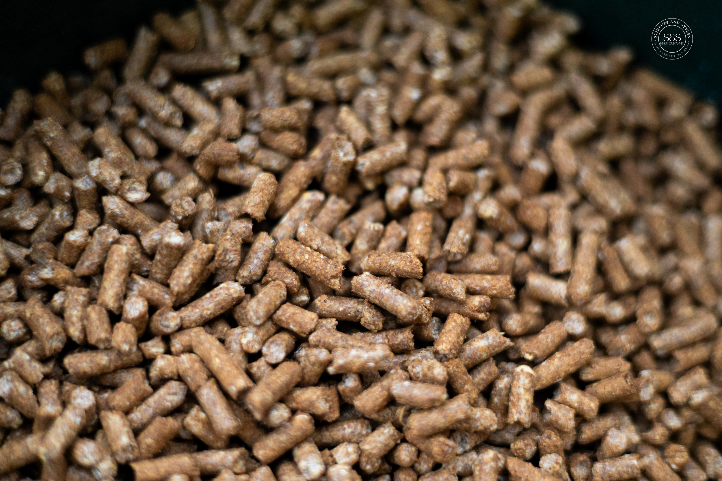 Brown pellet horse feed fills the frame in a detailed macro shot.