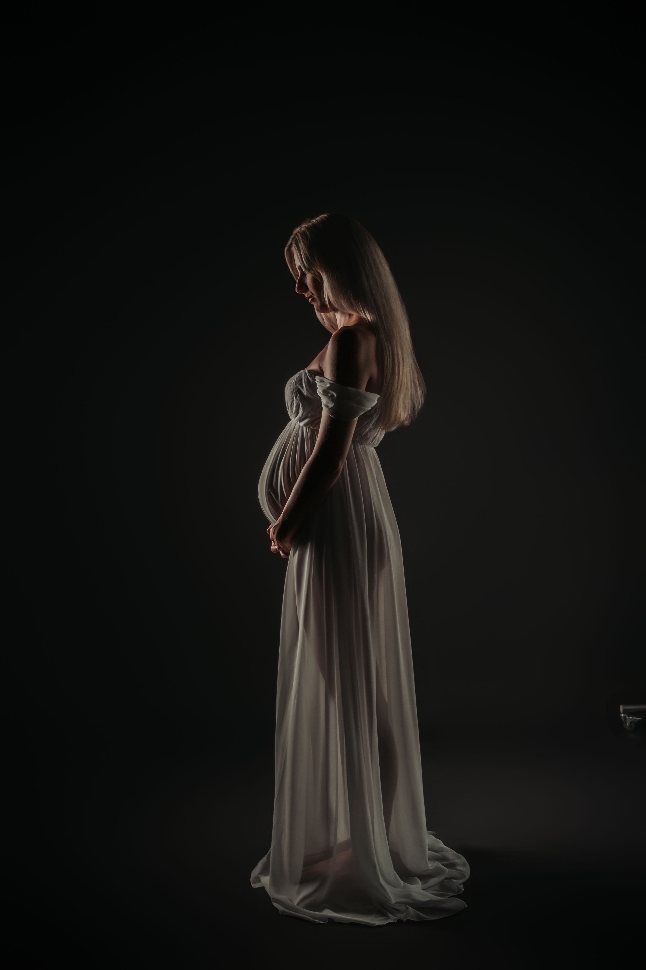 A silhouetted maternity portrait showing an elegant figure in a flowing dress against dark background.