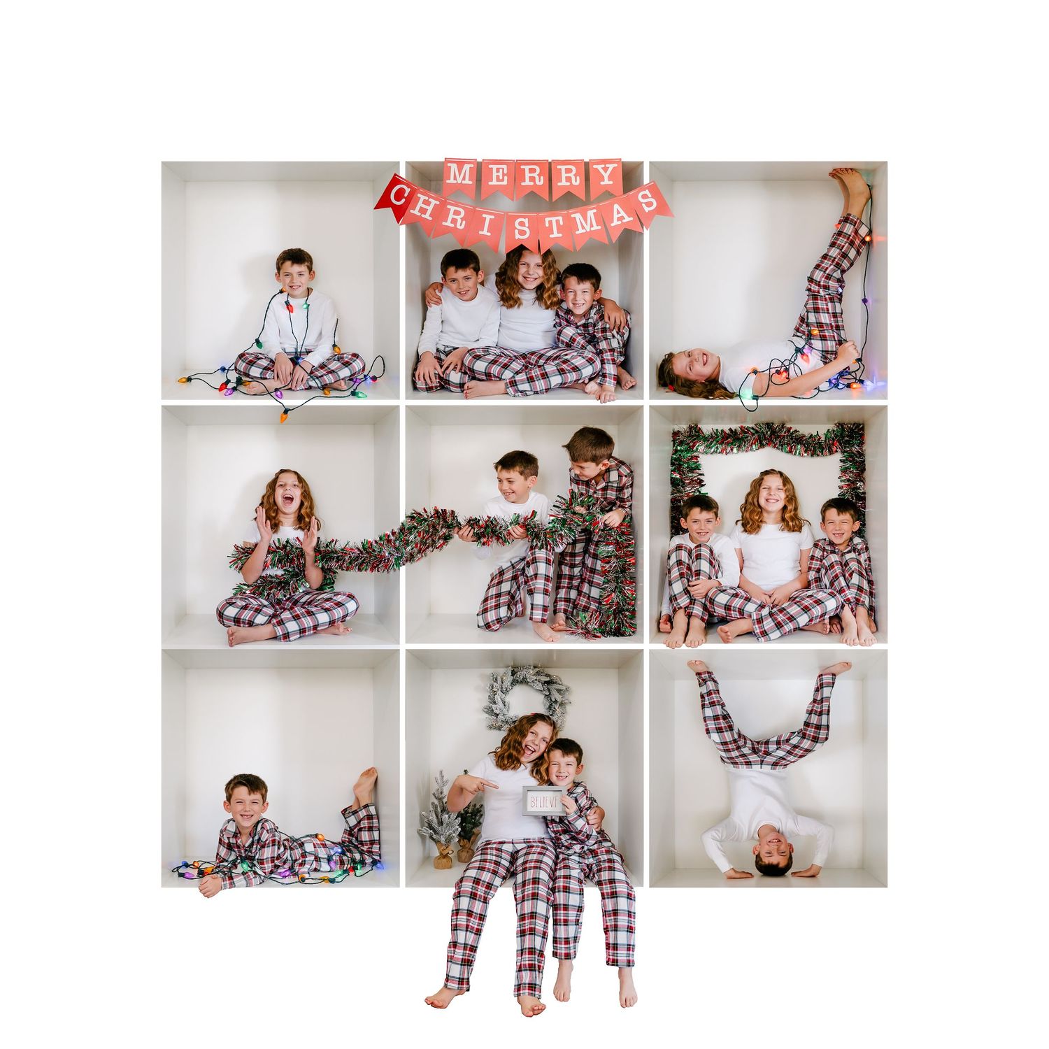 Nine-square grid of holiday photos with matching plaid pajamas and festive decorations.