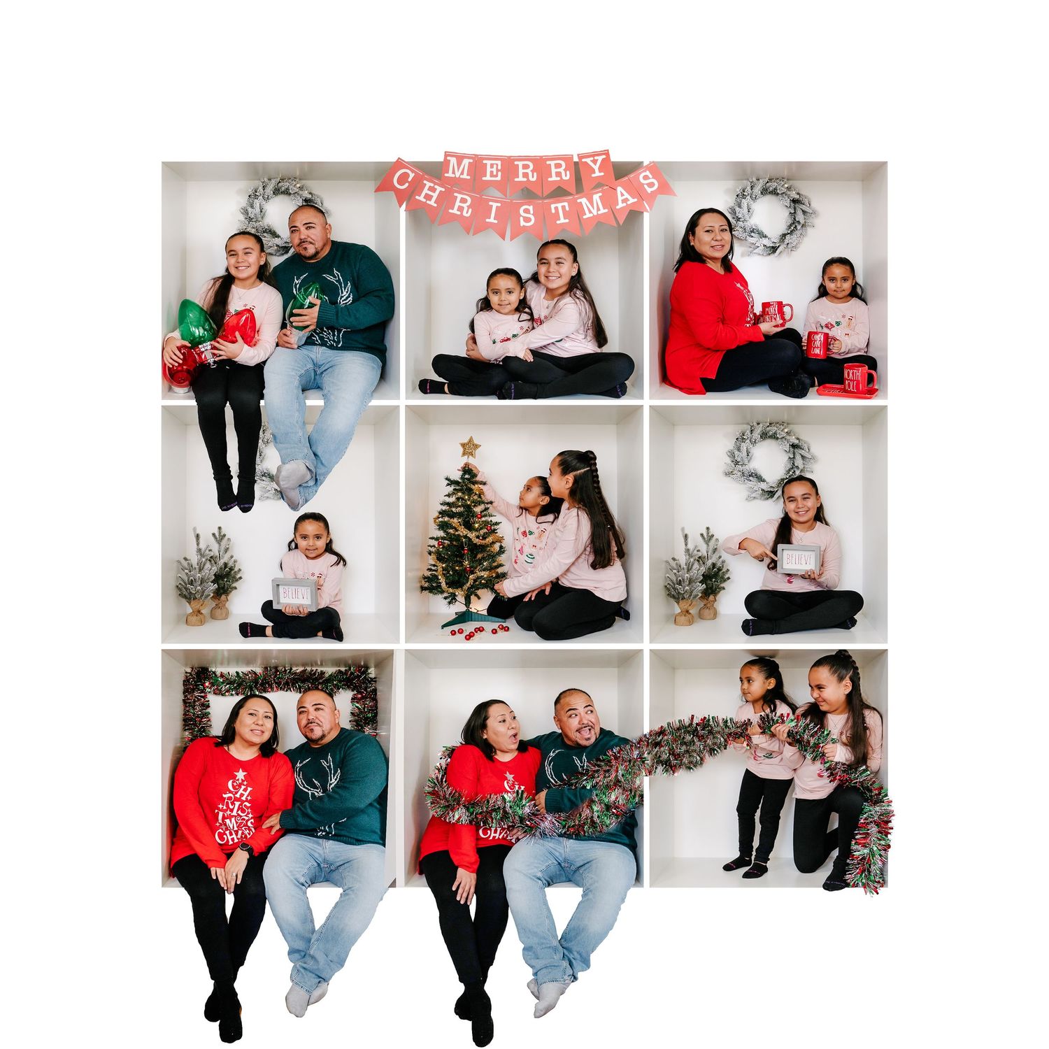 Holiday photo collage featuring coordinated outfits and Christmas decorations in nine squares.