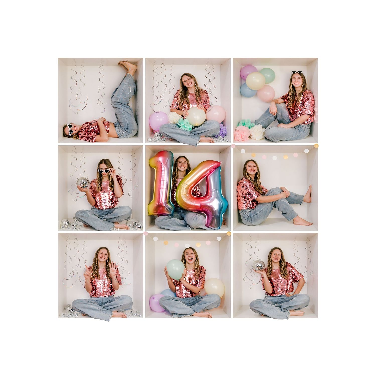 Nine photo grid showing birthday session with number 14 balloon and pink decorative elements.