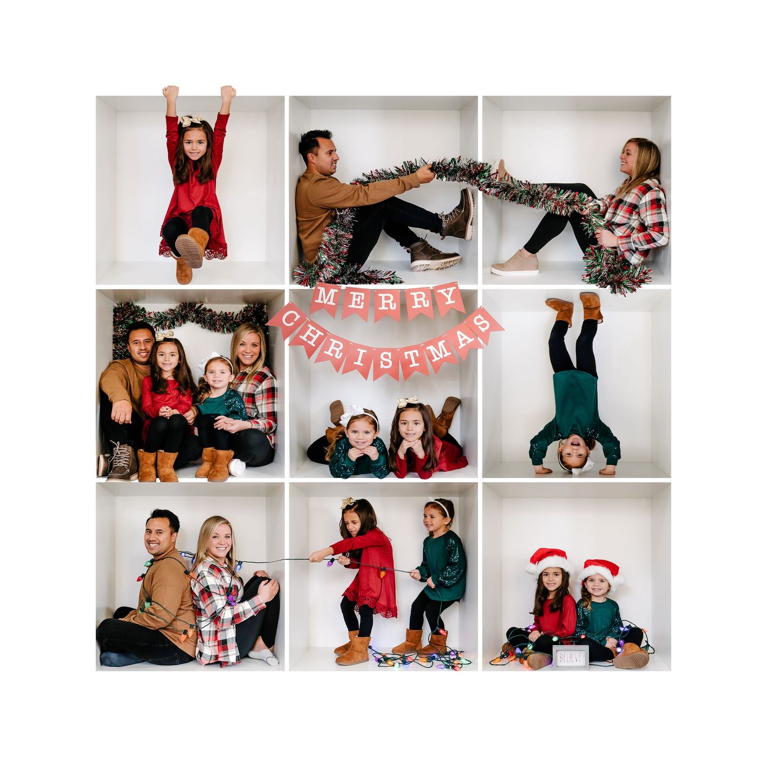 Holiday themed photo collage with nine squares showing festive poses and decorations.