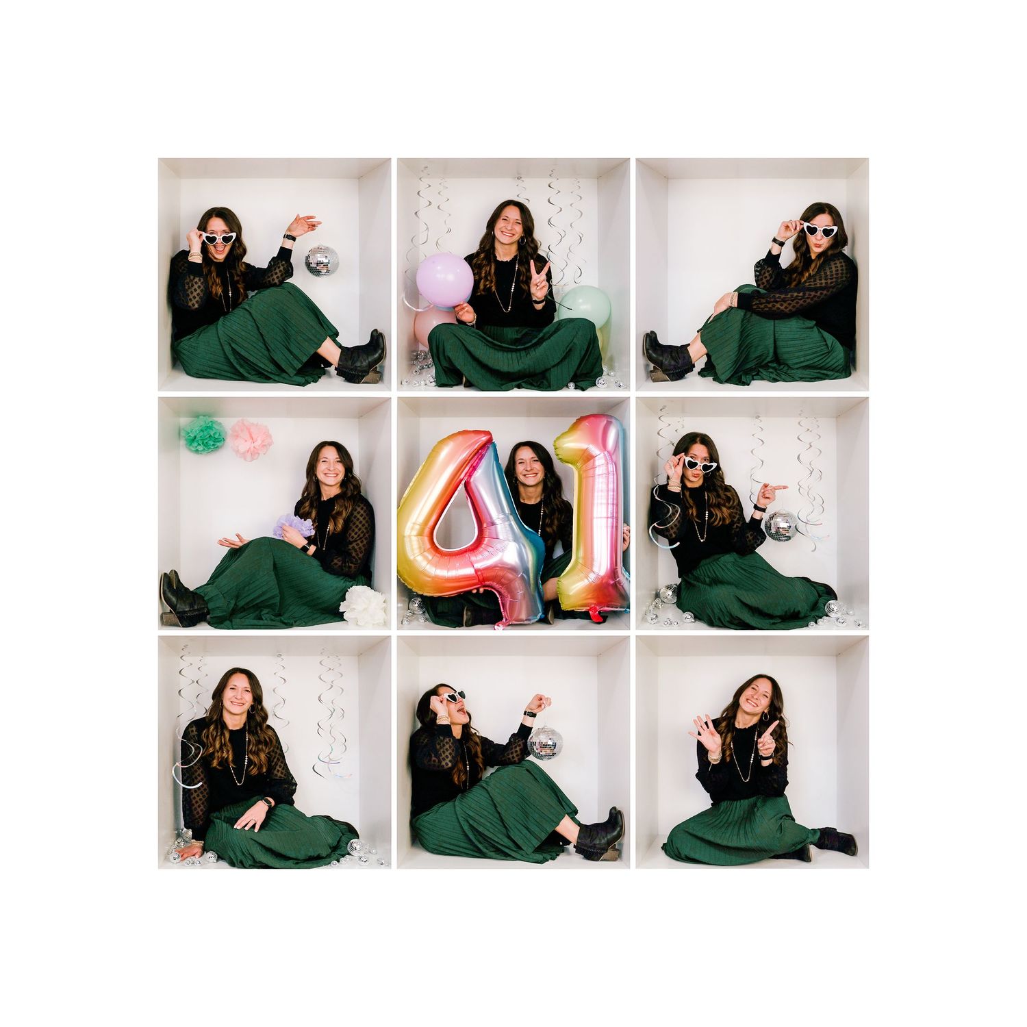 Nine photo grid showing portrait session with person in emerald green dress and decorative elements.