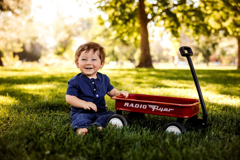 Joyful child sits on grass next to classic red Radio Flyer wagon in a sunlit park setting. Pueblo Photographer