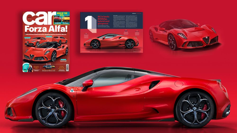 Several red sports cars and automotive magazine covers featuring sleek supercars arranged on a red background.